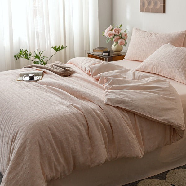 VILZSTUDIOS blush pink, pale sage green and tan beige jacquard textured duvet cover set