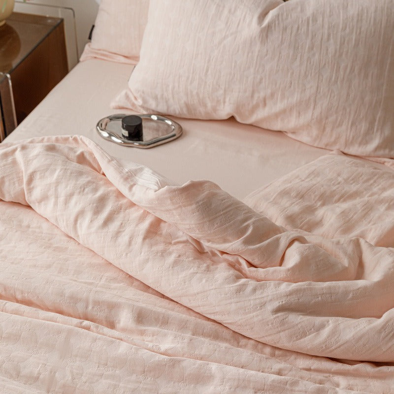 VILZSTUDIOS blush pink, pale sage green and tan beige jacquard textured duvet cover set
