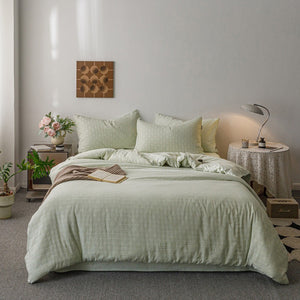 VILZSTUDIOS blush pink, pale sage green and tan beige jacquard textured duvet cover set