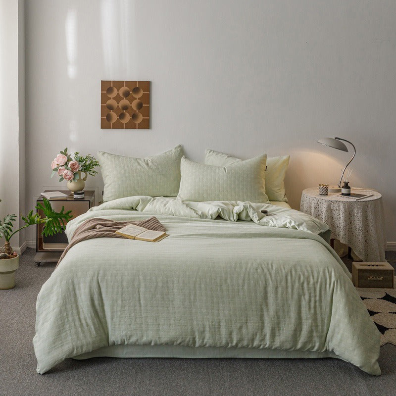 VILZSTUDIOS blush pink, pale sage green and tan beige jacquard textured duvet cover set