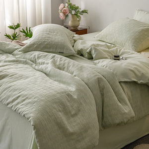 VILZSTUDIOS blush pink, pale sage green and tan beige jacquard textured duvet cover set