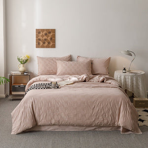 VILZSTUDIOS blush pink, pale sage green and tan beige jacquard textured duvet cover set