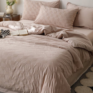 VILZSTUDIOS blush pink, pale sage green and tan beige jacquard textured duvet cover set