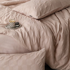 VILZSTUDIOS blush pink, pale sage green and tan beige jacquard textured duvet cover set