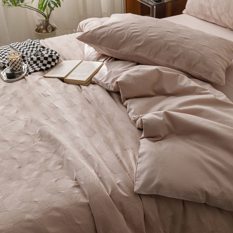 VILZSTUDIOS blush pink, pale sage green and tan beige jacquard textured duvet cover set
