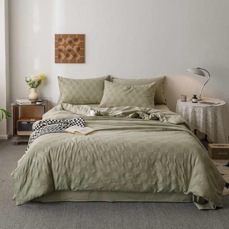 VILZSTUDIOS blush pink, pale sage green and tan beige jacquard textured duvet cover set