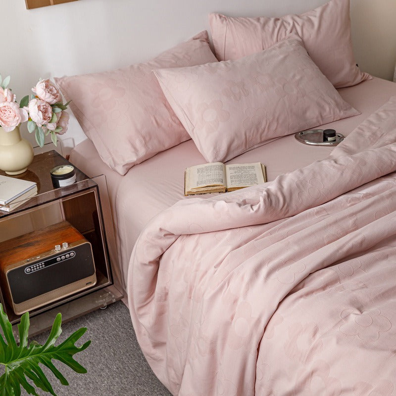 VILZSTUDIOS blush pink, pale sage green and tan beige jacquard textured duvet cover set