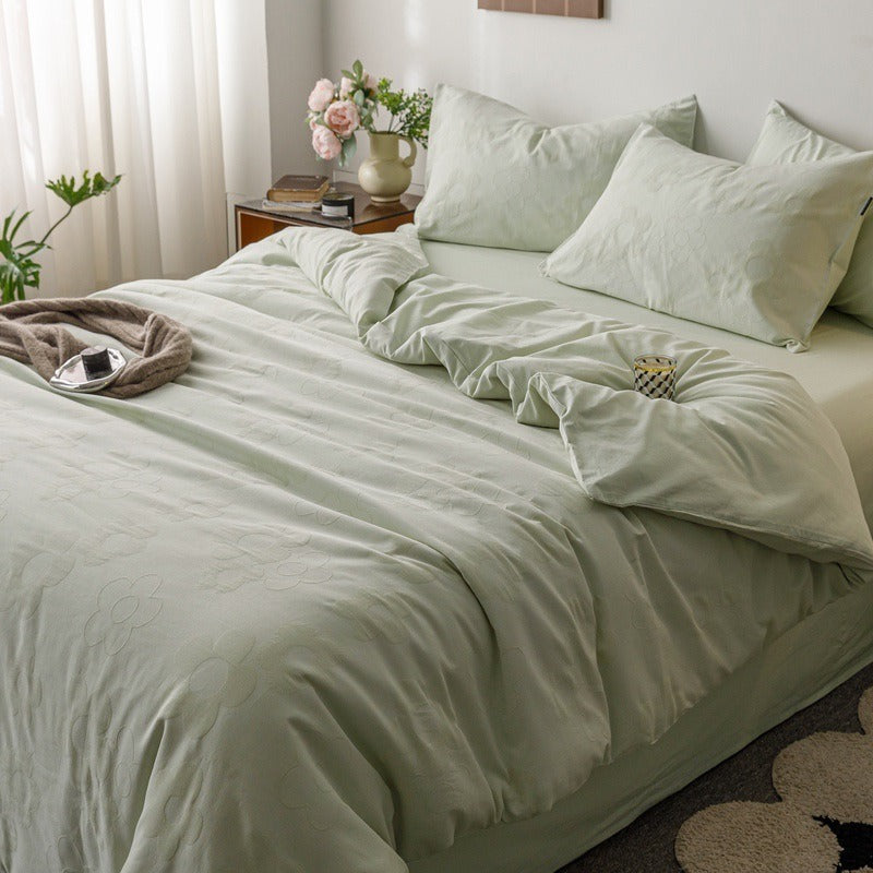 VILZSTUDIOS blush pink, pale sage green and tan beige jacquard textured duvet cover set