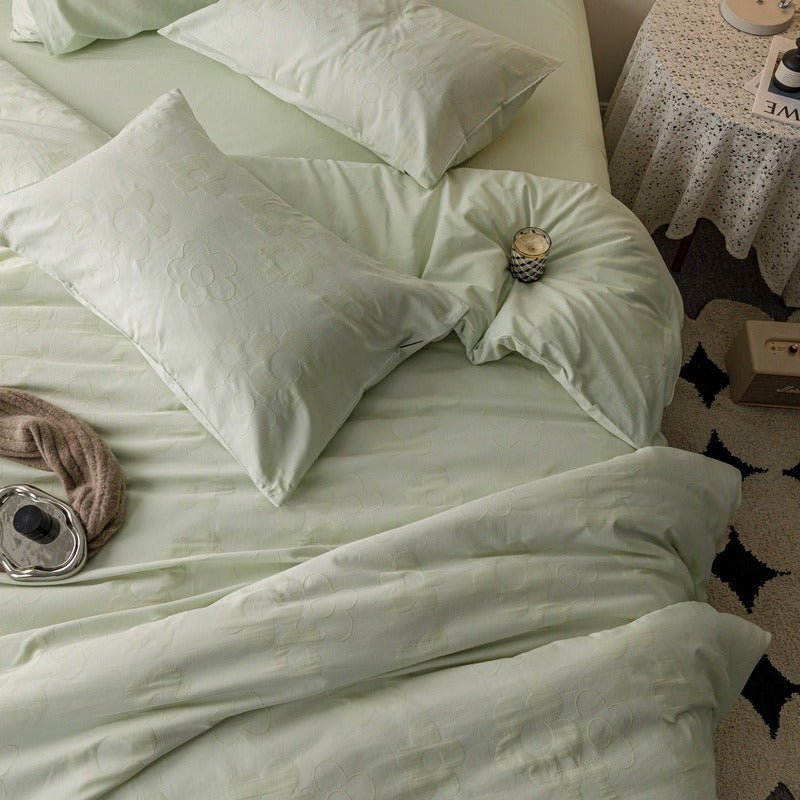VILZSTUDIOS blush pink, pale sage green and tan beige jacquard textured duvet cover set