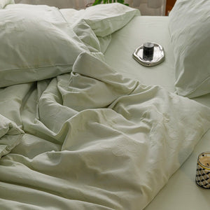 VILZSTUDIOS blush pink, pale sage green and tan beige jacquard textured duvet cover set