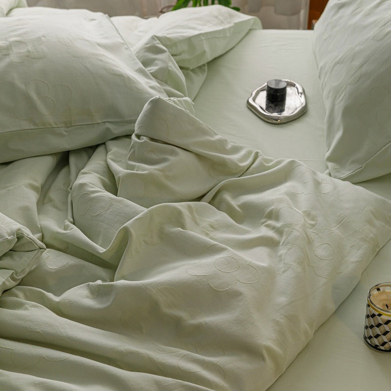 VILZSTUDIOS blush pink, pale sage green and tan beige jacquard textured duvet cover set