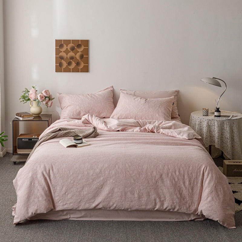 VILZSTUDIOS blush pink, pale sage green and tan beige jacquard textured duvet cover set