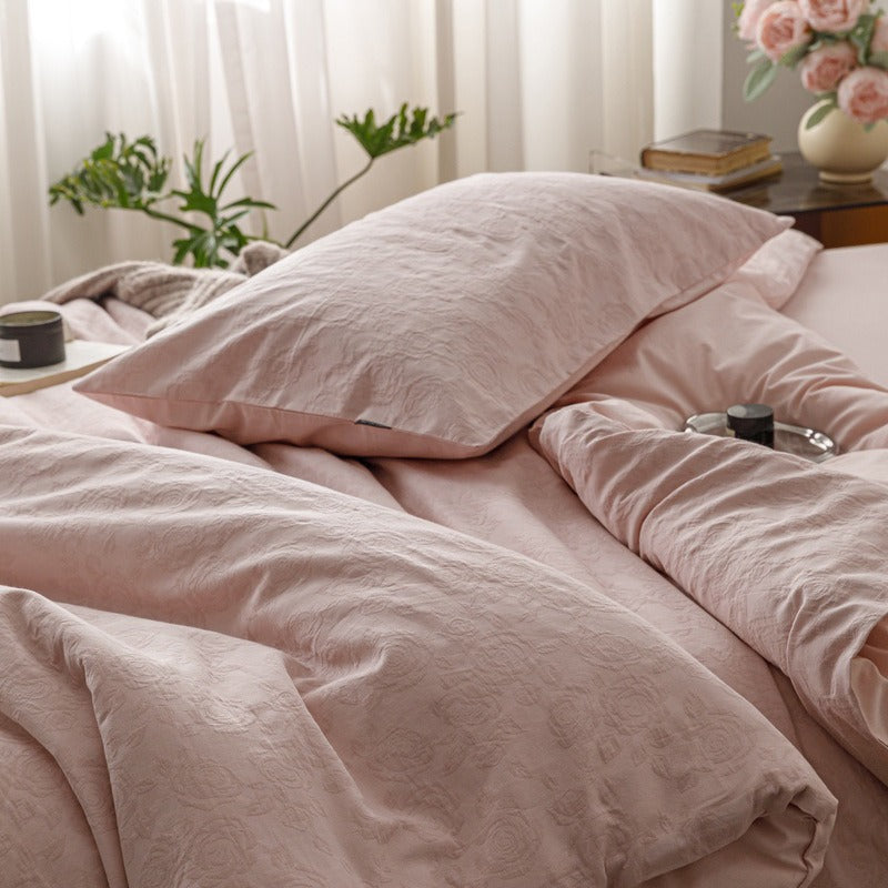 VILZSTUDIOS blush pink, pale sage green and tan beige jacquard textured duvet cover set