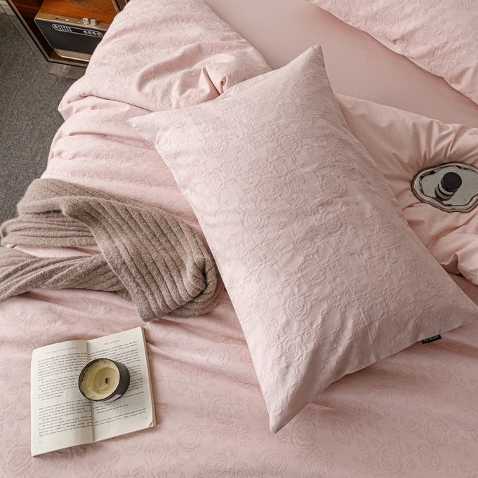 VILZSTUDIOS blush pink, pale sage green and tan beige jacquard textured duvet cover set