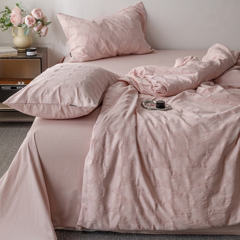 VILZSTUDIOS blush pink, pale sage green and tan beige jacquard textured duvet cover set