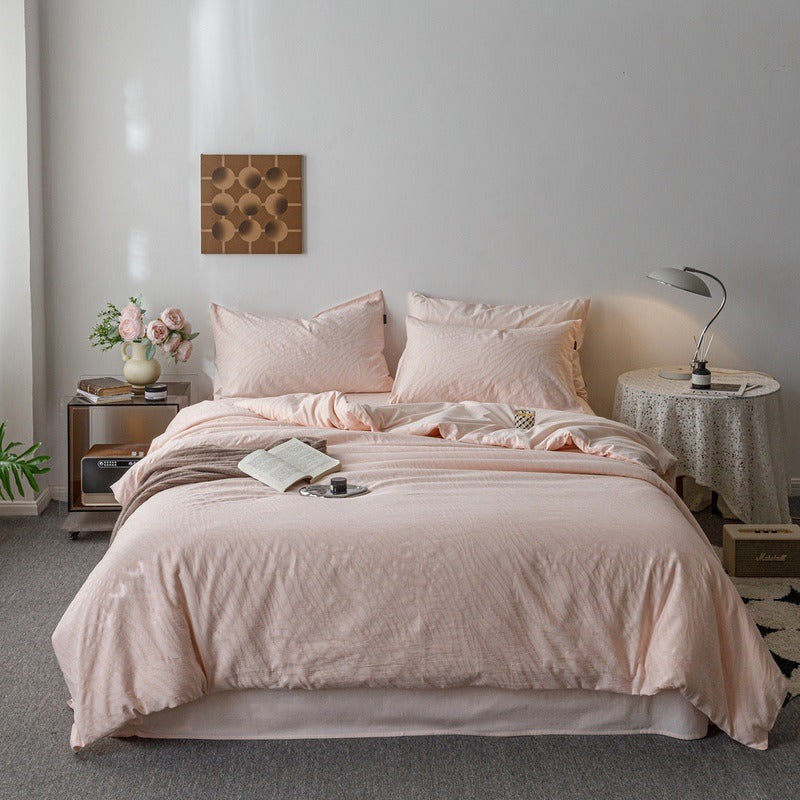 VILZSTUDIOS blush pink, pale sage green and tan beige jacquard textured duvet cover set