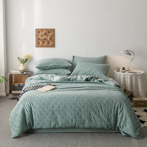 VILZSTUDIOS blush pink, pale sage green and tan beige jacquard textured duvet cover set