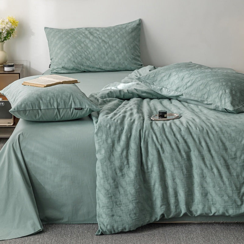 VILZSTUDIOS blush pink, pale sage green and tan beige jacquard textured duvet cover set