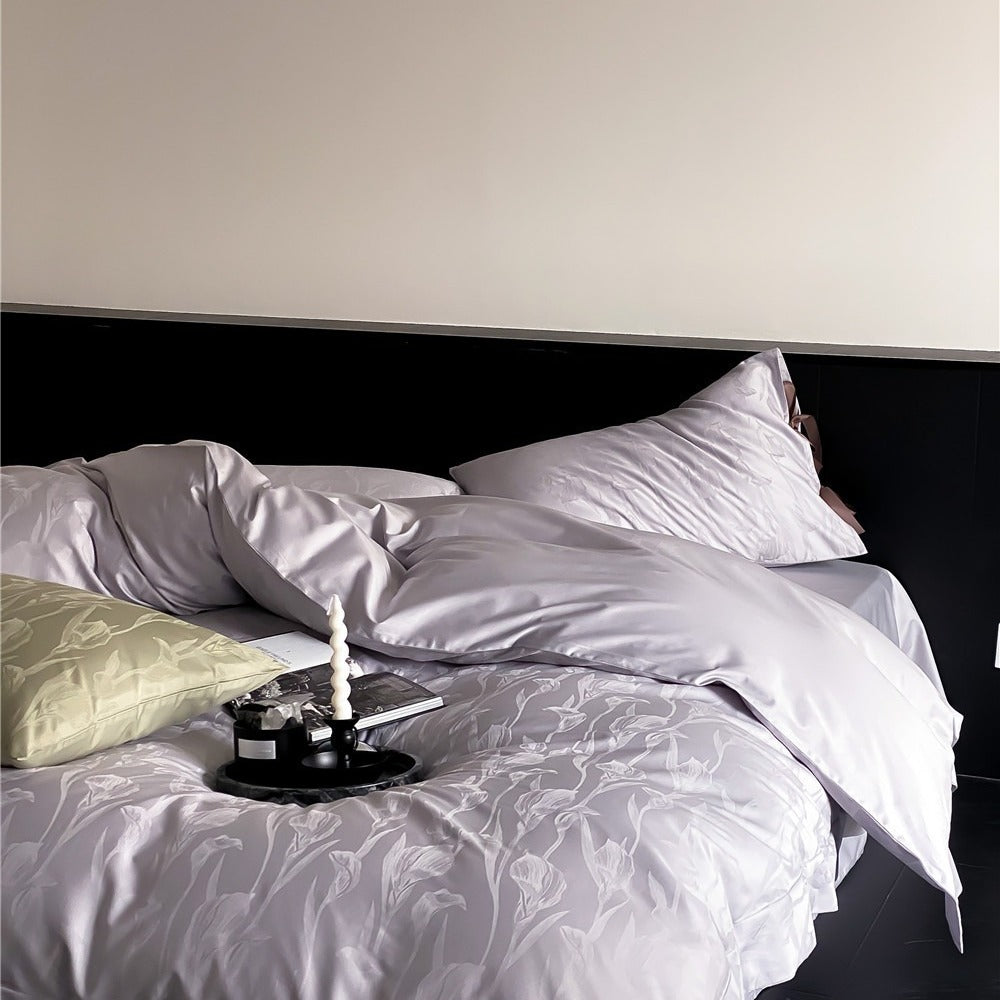 VILZSTUDIOS sage green or pale lavender-gray satin flat sheet with tonal floral jacquard