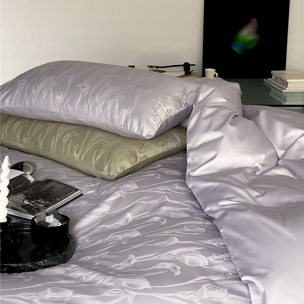 VILZSTUDIOS sage green or pale lavender-gray satin flat sheet with tonal floral jacquard