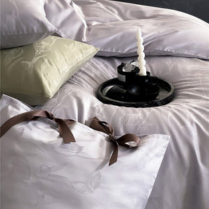 VILZSTUDIOS sage green or pale lavender-gray satin flat sheet with tonal floral jacquard