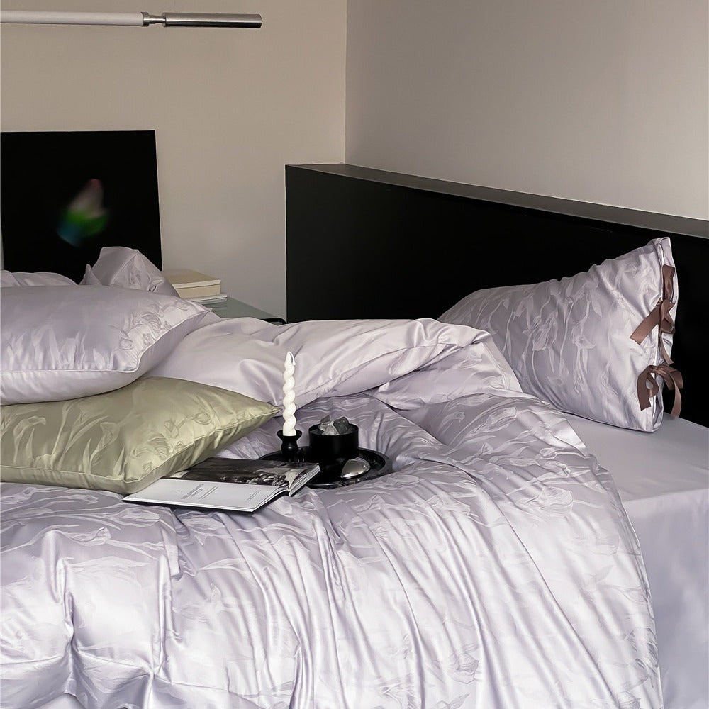 VILZSTUDIOS sage green or pale lavender-gray satin flat sheet with tonal floral jacquard