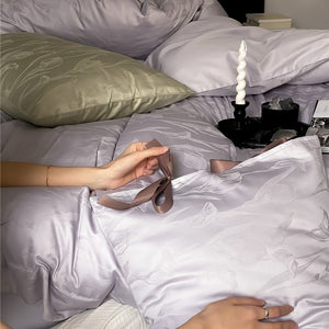VILZSTUDIOS sage green or pale lavender-gray satin flat sheet with tonal floral jacquard