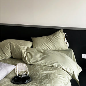 VILZSTUDIOS sage green or pale lavender-gray satin flat sheet with tonal floral jacquard