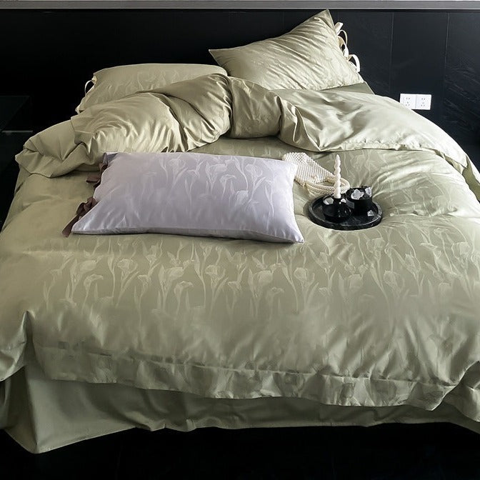 VILZSTUDIOS sage green or pale lavender-gray satin flat sheet with tonal floral jacquard