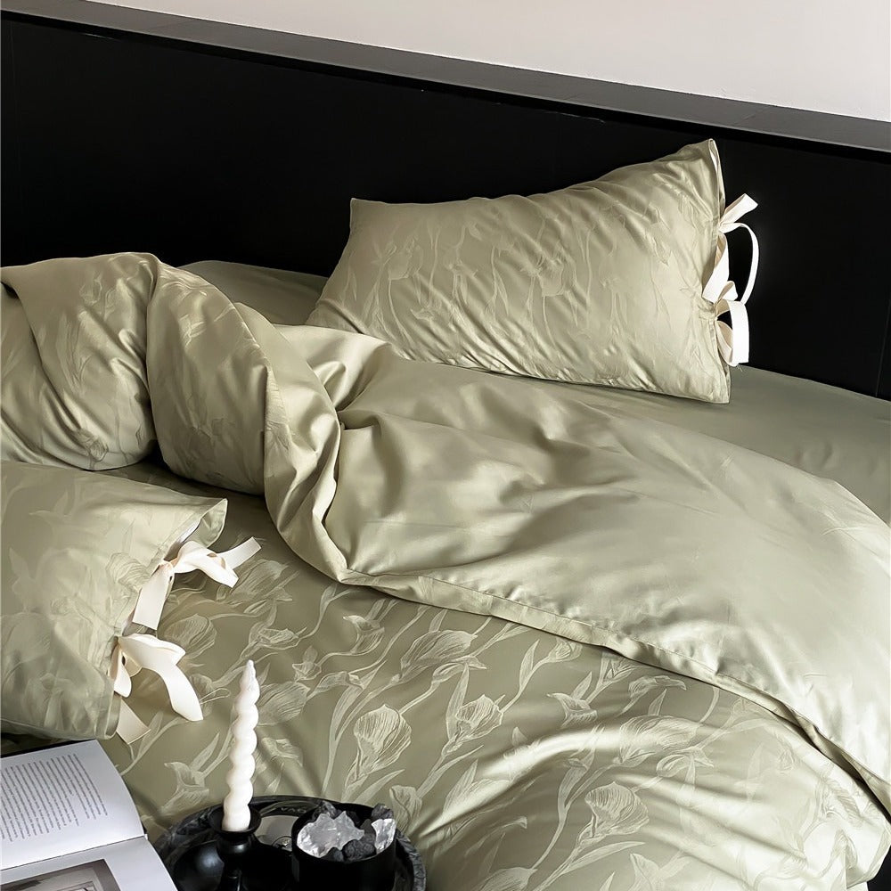 VILZSTUDIOS sage green or pale lavender-gray satin flat sheet with tonal floral jacquard