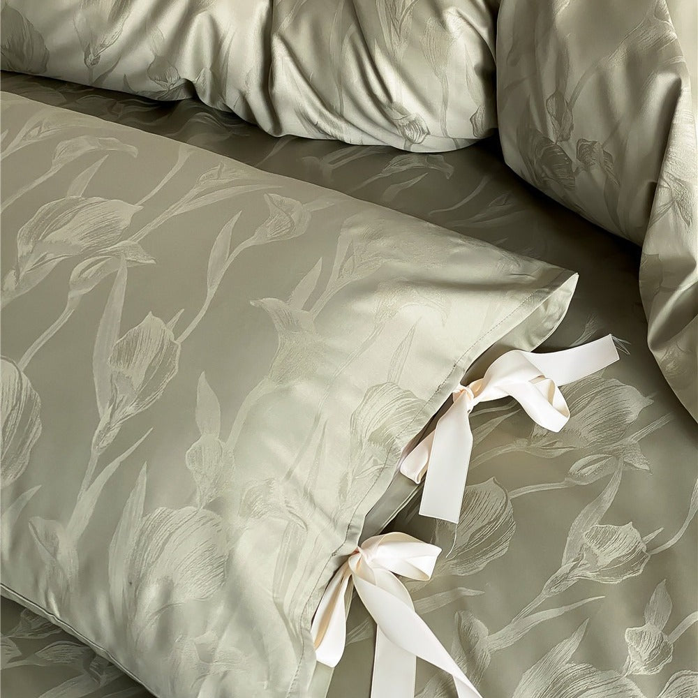 VILZSTUDIOS sage green or pale lavender-gray satin flat sheet with tonal floral jacquard