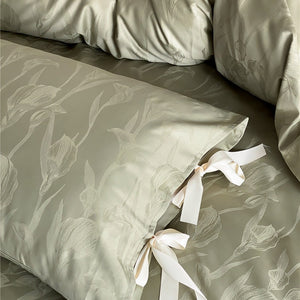 VILZSTUDIOS sage green or pale lavender-gray satin flat sheet with tonal floral jacquard