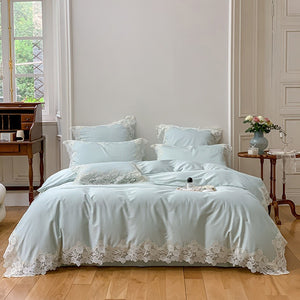 VILZSTUDIOS pastel satin bedding set with wide floral lace borders and scalloped edges