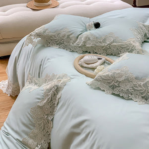 VILZSTUDIOS pastel satin bedding set with wide floral lace borders and scalloped edges