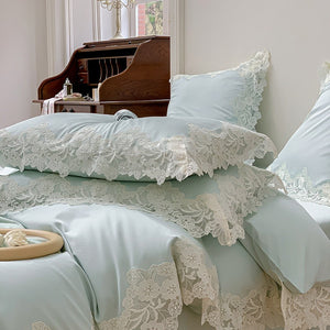 VILZSTUDIOS pastel satin bedding set with wide floral lace borders and scalloped edges