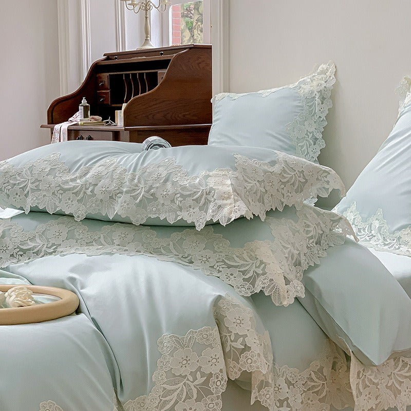 VILZSTUDIOS pastel satin bedding set with wide floral lace borders and scalloped edges