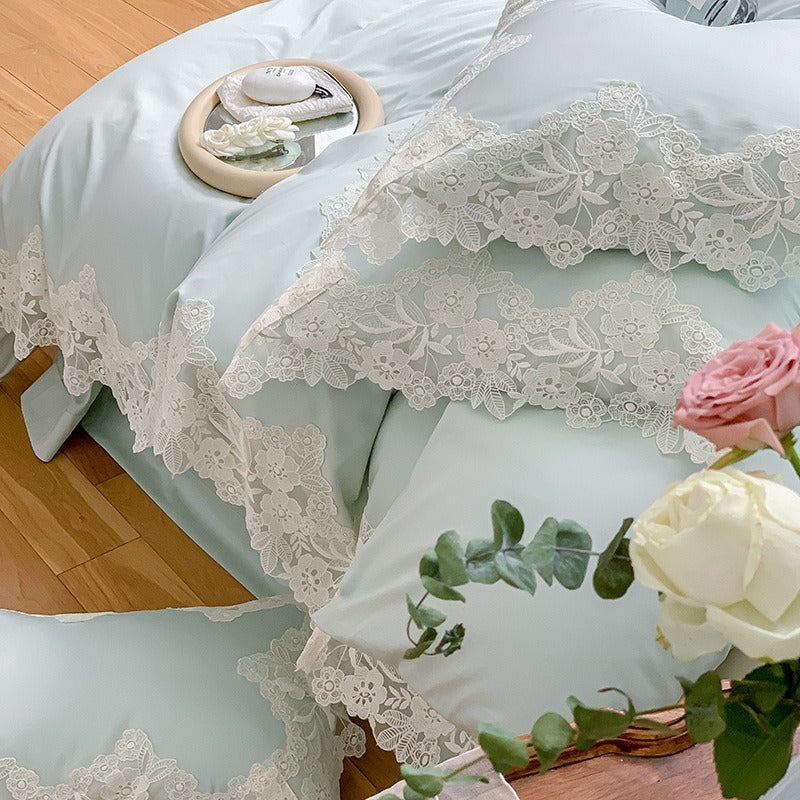 VILZSTUDIOS pastel satin bedding set with wide floral lace borders and scalloped edges