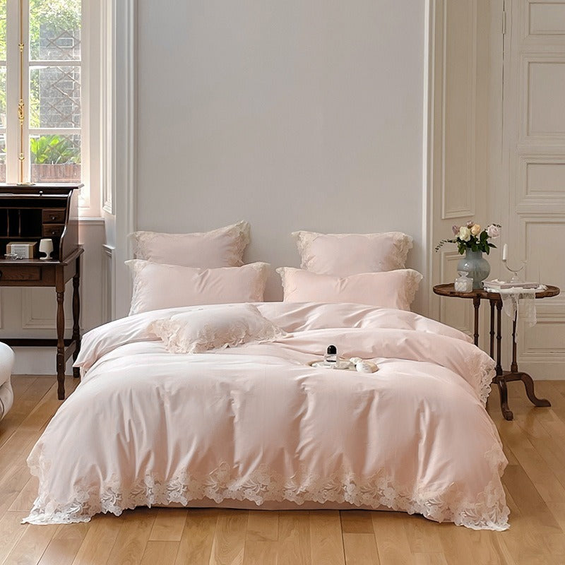 VILZSTUDIOS pastel satin bedding set with wide floral lace borders and scalloped edges