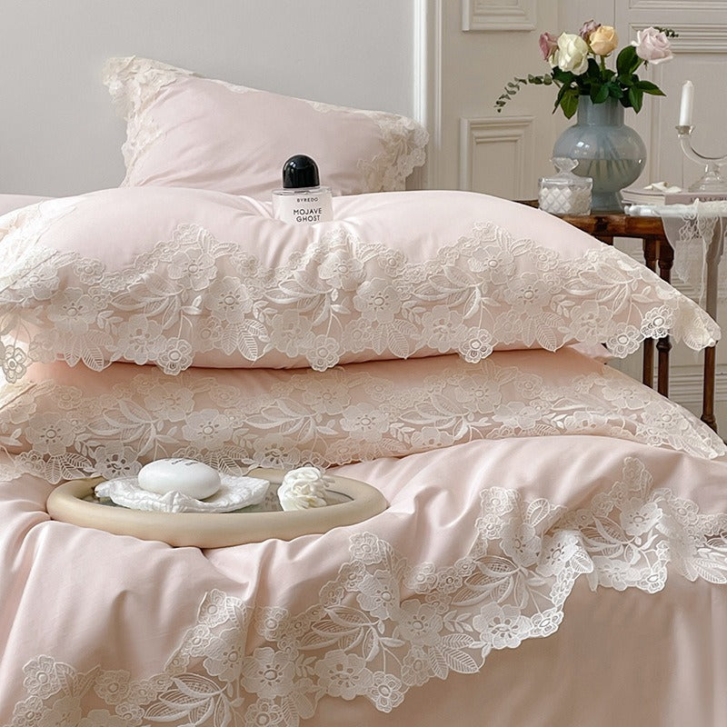 VILZSTUDIOS pastel satin bedding set with wide floral lace borders and scalloped edges