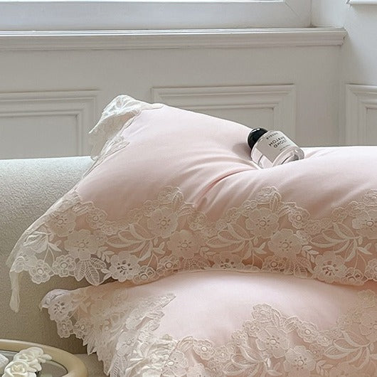 VILZSTUDIOS pastel satin bedding set with wide floral lace borders and scalloped edges