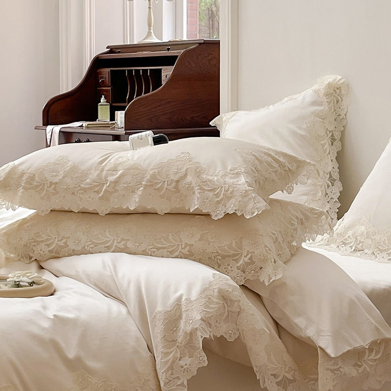 VILZSTUDIOS pastel satin bedding set with wide floral lace borders and scalloped edges
