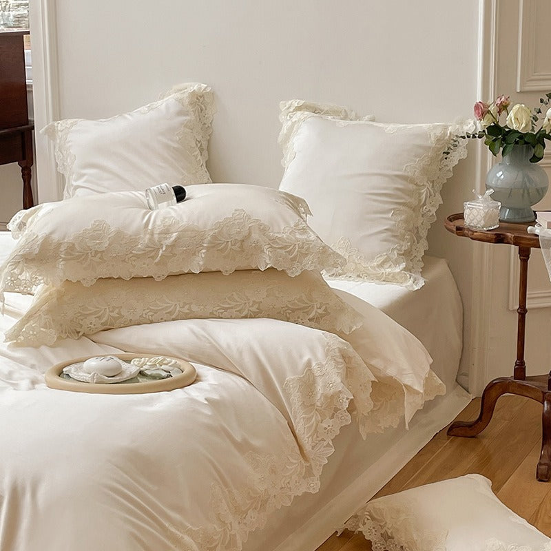 VILZSTUDIOS pastel satin bedding set with wide floral lace borders and scalloped edges