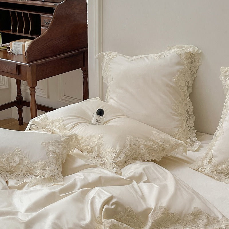 VILZSTUDIOS pastel satin bedding set with wide floral lace borders and scalloped edges