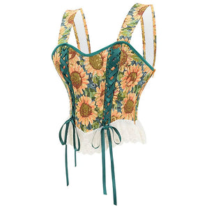 VILZSTUDIOS Floral corset top with lace-up design and lace trim