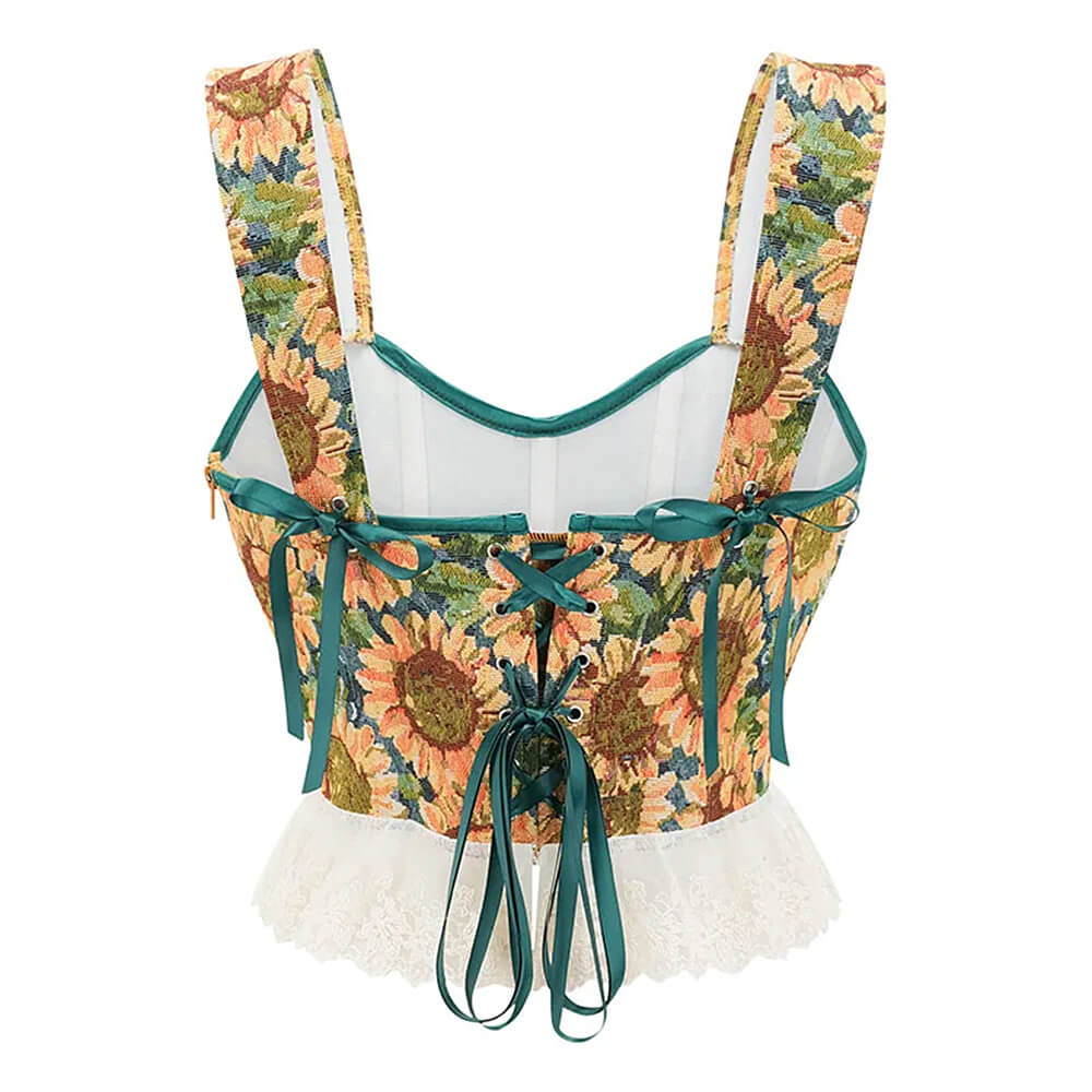 VILZSTUDIOS Floral corset top with lace-up design and lace trim