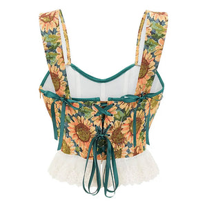 VILZSTUDIOS Floral corset top with lace-up design and lace trim
