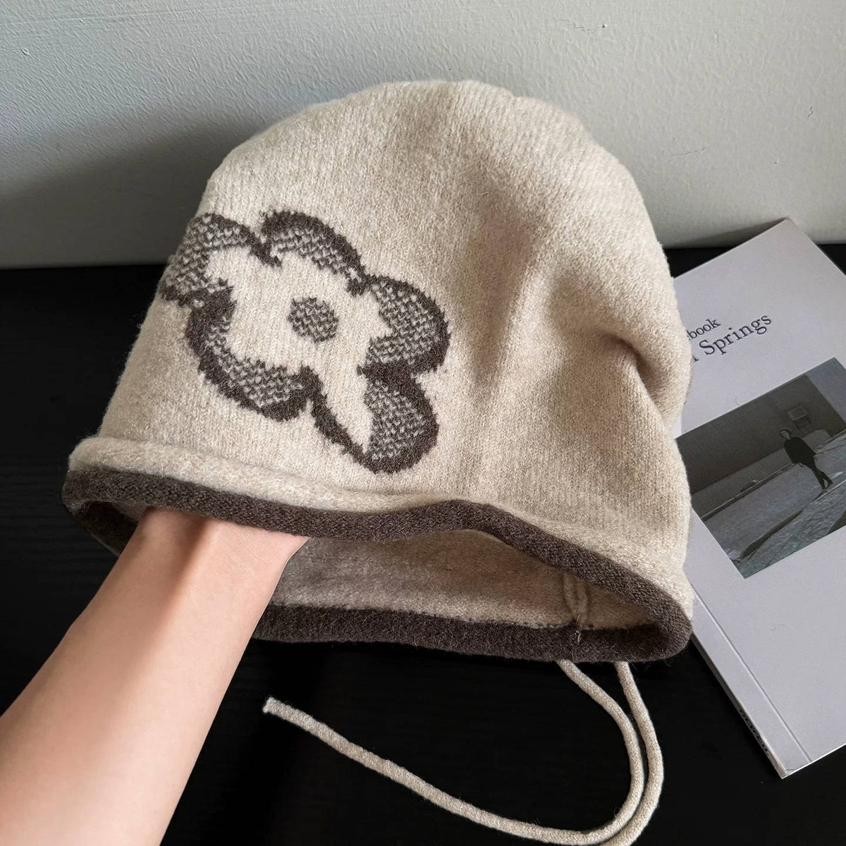 Floral Motif Slouchy Knit Hat