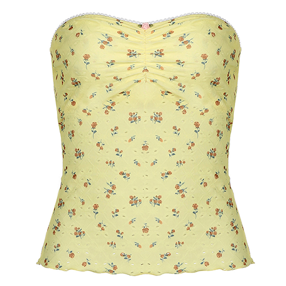 VILZSTUDIOS Floral tube top with ruched neckline and lettuce hems