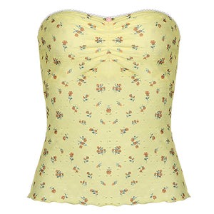 VILZSTUDIOS Floral tube top with ruched neckline and lettuce hems