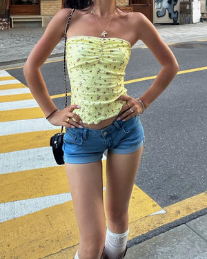 VILZSTUDIOS Floral tube top with ruched neckline and lettuce hems
